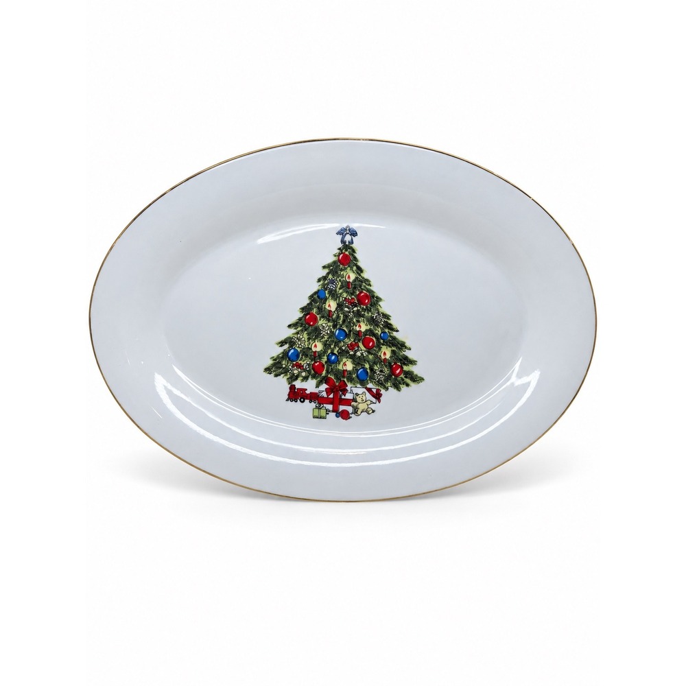 Seagull Fine China Christmas Tree Oval Serving Platter Gold Trim 14.5 Inch